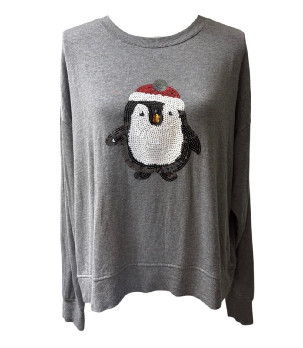 Cynthia Rowley Women's Size Large Gray Penguin Christmas Holiday Sweater